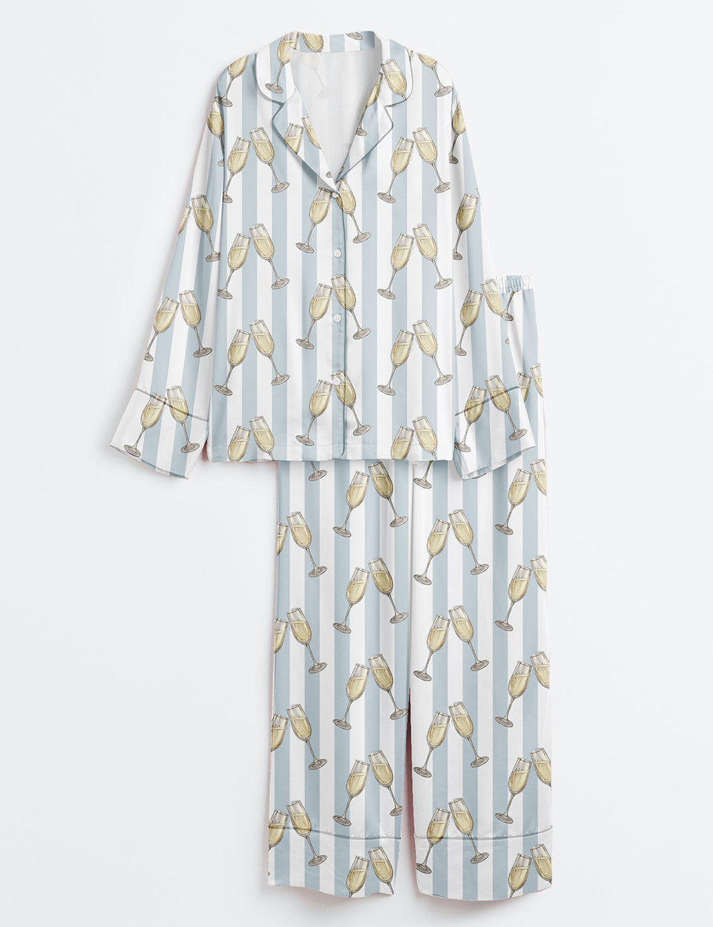 Women’s Blue Stripes Champagne Wine Lover Bachelorette Party Celebration Print Long Sleeve Satin Pajama Set