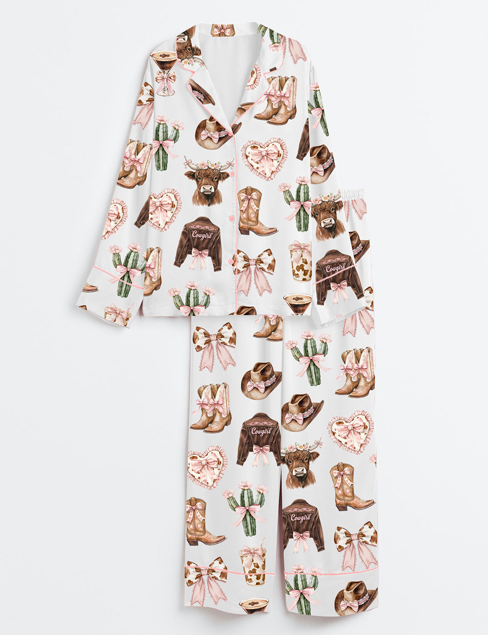 Women’s Coquette Cowgirl Howdy Highland Cow Print Long Sleeve Satin Pajama Set