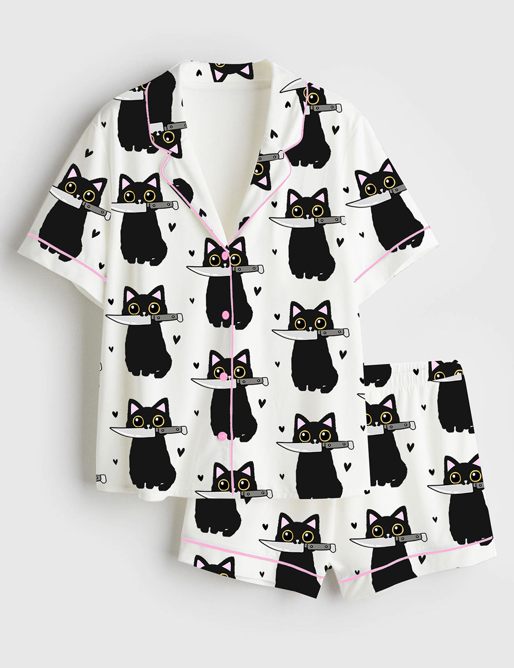 Women’s Halloween Black Cat With Knife Short Sleeve Satin Pajama Set