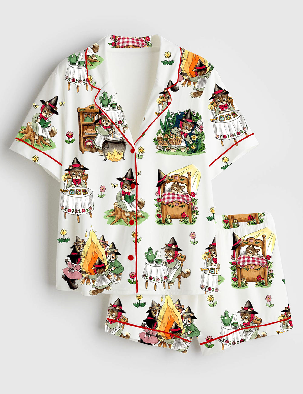 Women’s Witch Cat Cat Lover Halloween Short Sleeve Satin Pajama Set