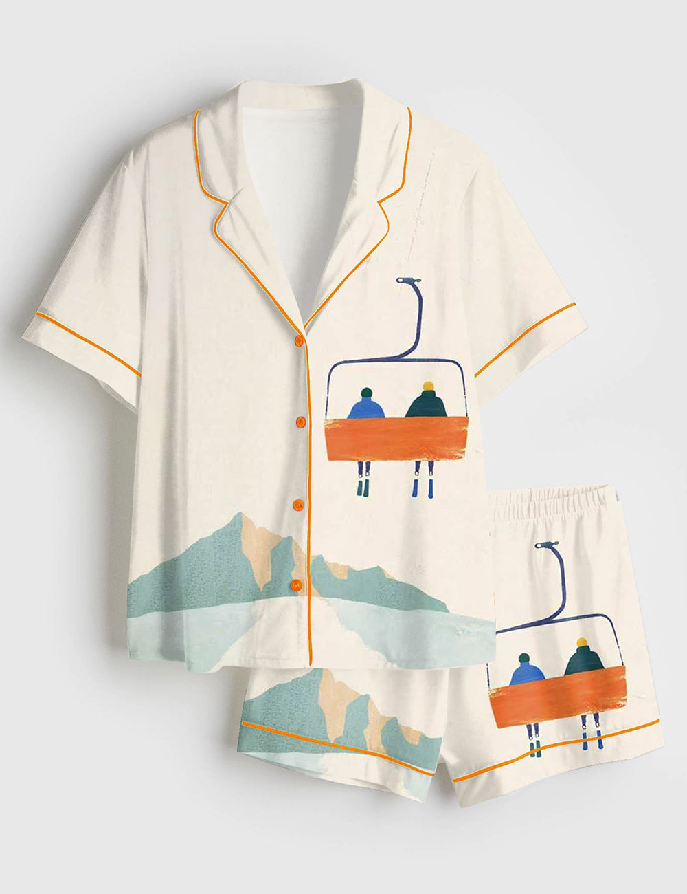 Women’s Winter Mountain Skiing Chairlift Skiers On Chairlift Short Sleeve Satin Pajama Set
