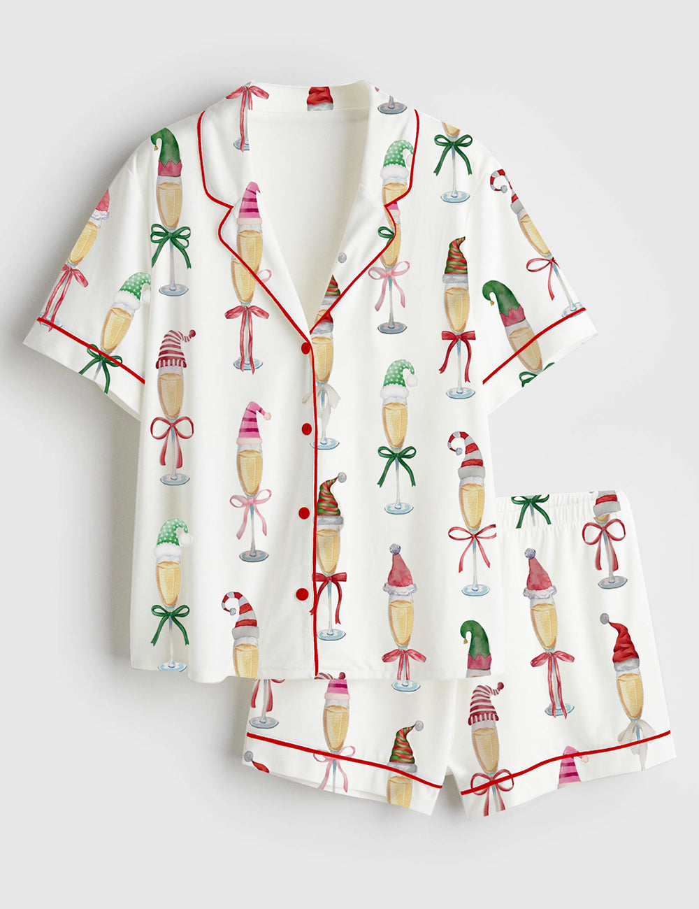 Women’s Christmas Champagne Santa Bow Drink Short Sleeve Satin Pajama Set