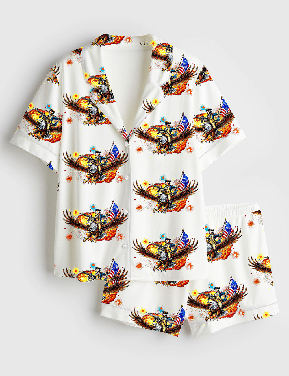 Women’s Wtf Is A Kilometer Eagle Funny 4th Of July Founding Father USA Independence Day Print Short Sleeve Satin Pajama Set