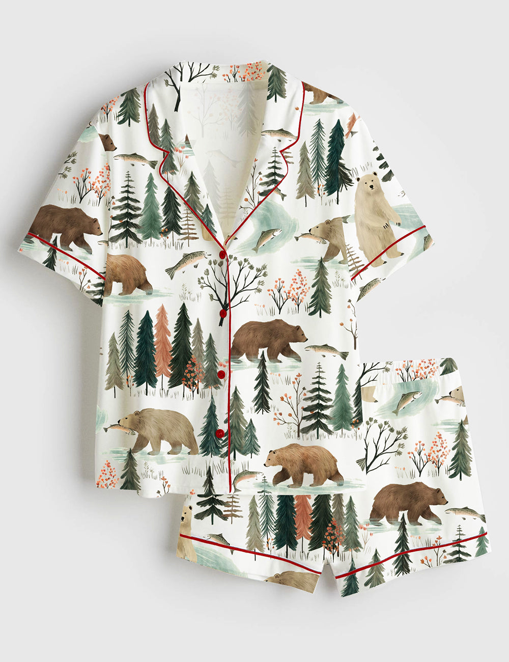 Women's Fishing Bear Woodland Short Sleeve Satin Pajama Set