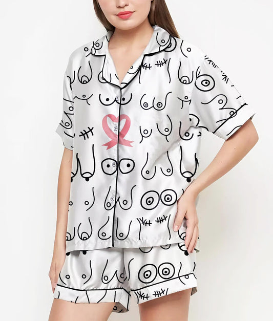 Breast Cancer Gifts, Breast Cancer Shirt, Pajamas Satin Set, Breast Cancer Awareness, Mother Gift, Gift For Women, Pink Ribbon Breast Cancer