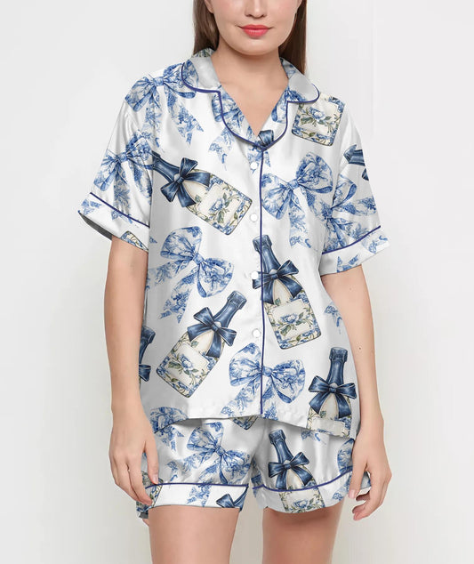 Coquette Champagne Pajamas Satin Set, Blue Floral Bows Shirt, Mother's Day Gift, Birthday Gift,Pjs For Women, Bridesmaid Gifts, Bachelorette