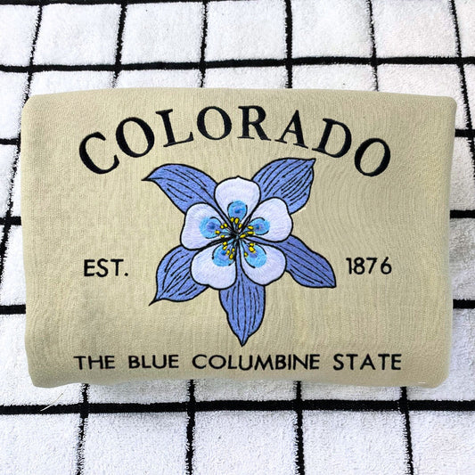 Colorado State Sweatshirt or Hoodie, Embroidered Gift - Est. 1876 Blue Columbine Flower