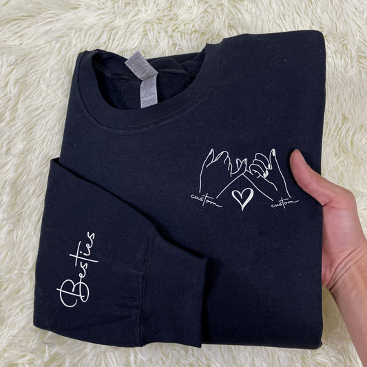 Custom Best Friend Sweatshirt with Embroidered Promise Hand and Besties Initial on Sleeve