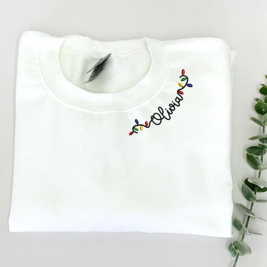 Custom Embroidered Christmas Sweatshirt, Personalized Christmas Light Name on Neckline Crewneck or Hoodie