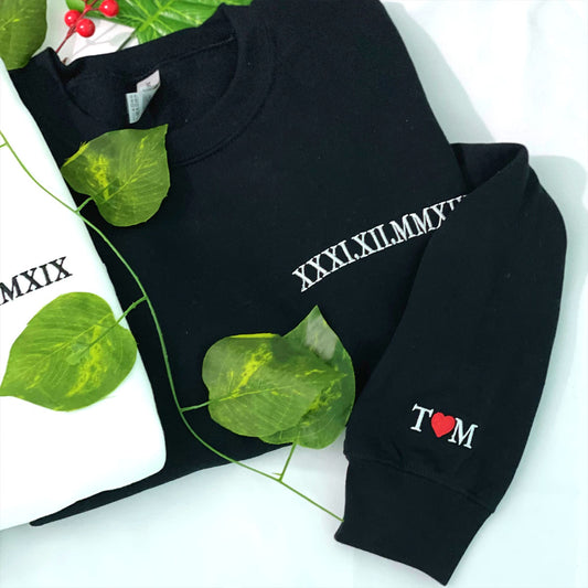 Custom Embroidered Roman Numeral Date Sweatshirt, Hoodie Personalized Date Anniversary Year Wedding Gifts