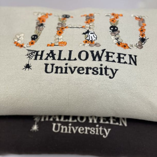 Custom Halloween University Sweatshirt with Floral Name, Embroidered Halloween Crewneck or Hoodie