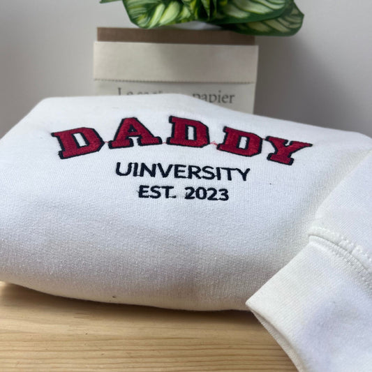 Daddy University Sweatshirt Hoodie, Embroidered Kids Names on Sleeve