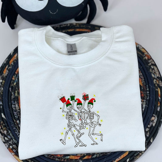 Dancing Skeletons Sweatshirt, Merry Christmas Crewneck Embroidered