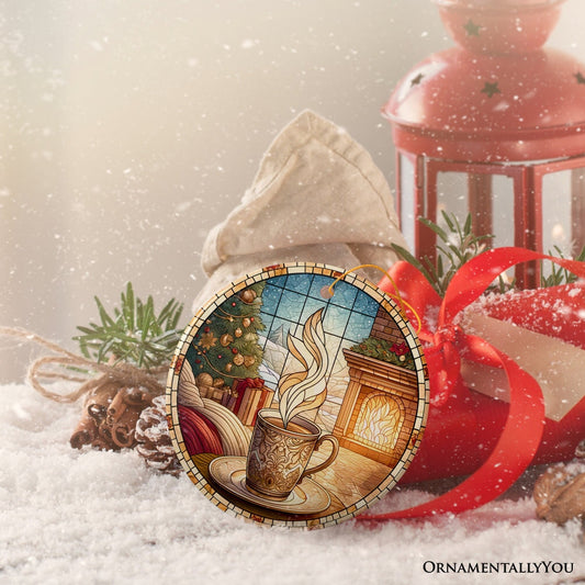 Coffee Illustration Stained Glass Style Ceramic Ornament, Christmas Gift and Decor