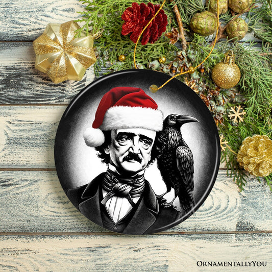 Gothic Edgar Allan Poe with Santa Hat And Raven Ornament, Spooky Halloween Tree Christmas Decor
