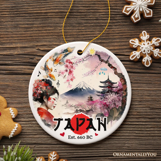 Vintage Artistic Japan Natural and Cultural Ornament, Watercolor Painting of Ancient Traditions Japanese Souvenir