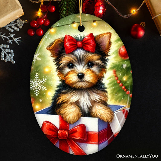 Precious Yorkshire Terrier Christmas Gift Ornament, Sweet Holiday Scene Decor