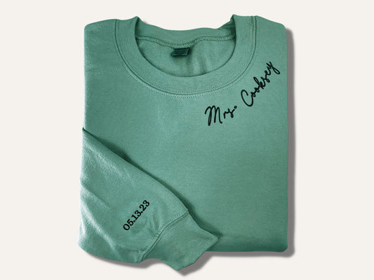 Future Mrs Sweatshirt Hoodie, New Mrs Custom Embroidered with Last Name, Date on Sleeve