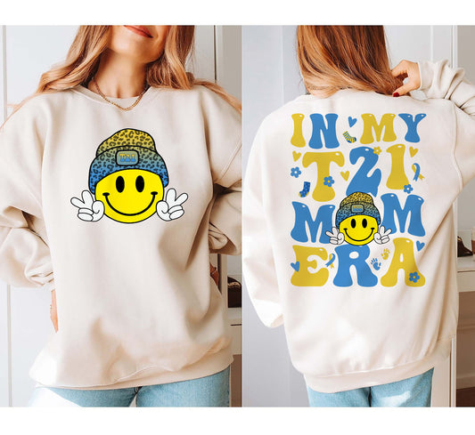 In My T21 Mom Era Sweatshirt, Down Syndrome Awareness Hoodie,T21 Down Syndrome Shirt,Blue Yellow Ribbon,Down Warrior,Support Shirt