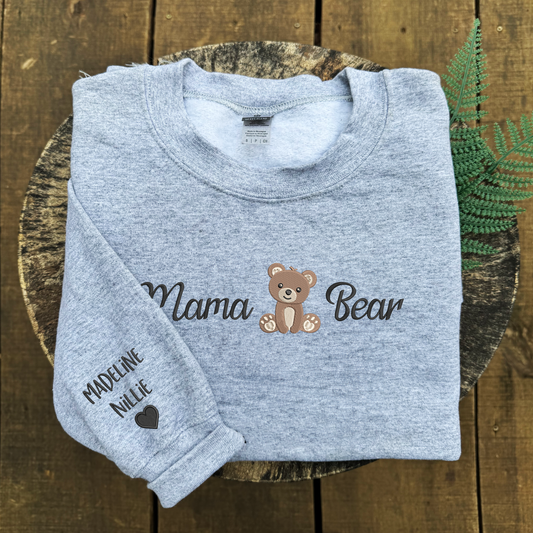 Mama Bear Sweatshirt or Hoodie with Embroidered Kids Name on Sleeve
