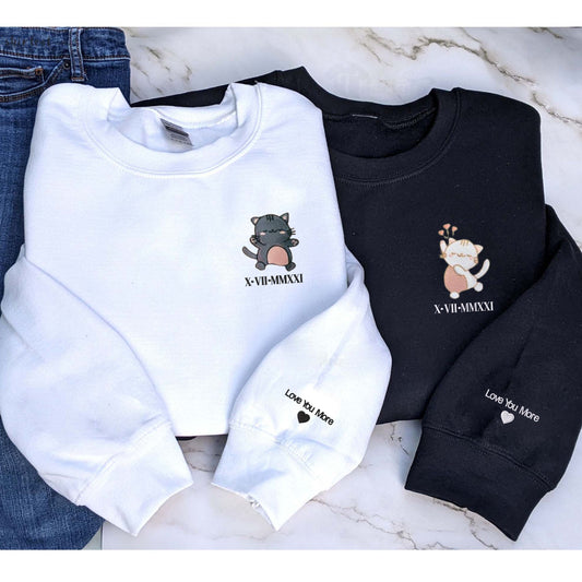 Matching Sweatshirt For Couple, Custom Embroidered Anime Cat Crewneck, Anniversary Gift For Couple