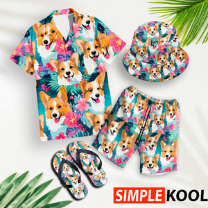Corgi Hawaiian Combo, Aloha Spirit with Shirt, Shorts, Flip-Flops, Bucket Hat - Tropical Vibes, Beach Fashion, Dog Lovers, Vacation Fun