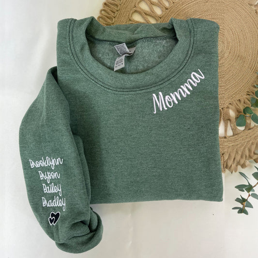 Personalized Gift for Momma with Embroidered Sweatshirt or Hoodie, Kids Names on Sleeve