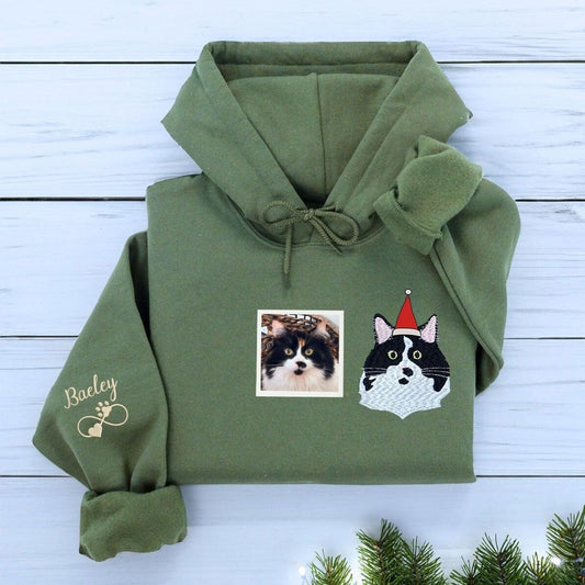 Personalized Pet Christmas Sweatshirt Hoodie with Embroidered Photo, Unique Pet Lover Gift
