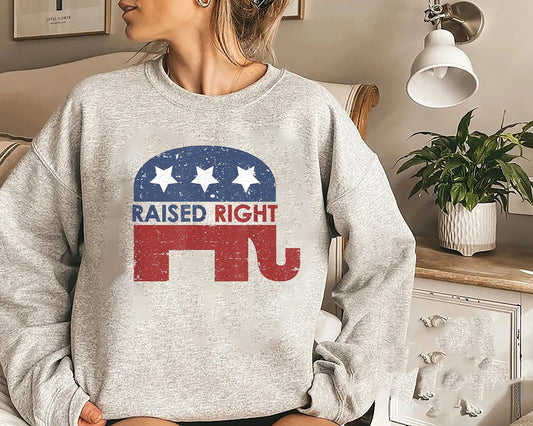 Raised Right Republican Elephant Pro America Conservative Sweatshirt Republican Gifts for Conservative Woman Men Republican Sweatshirt