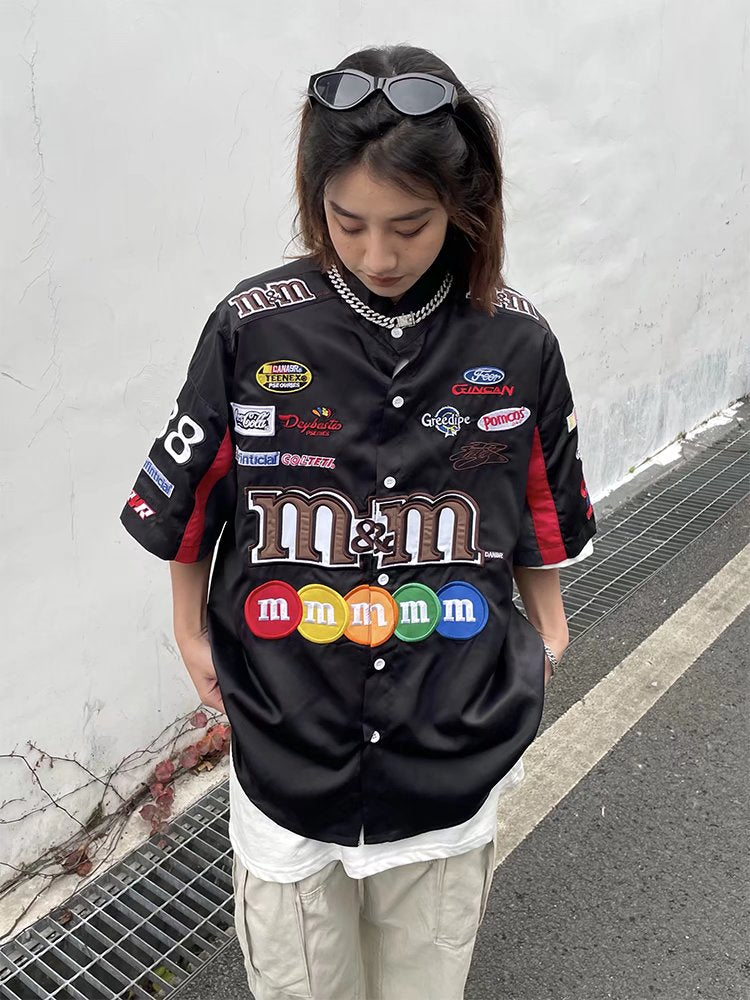 American Retro Embroidery Baseball Shirt Harajuku Hip Hop Short Sleeve Shirts Casual Fashion Uniform Shirt Vintage Streetwear