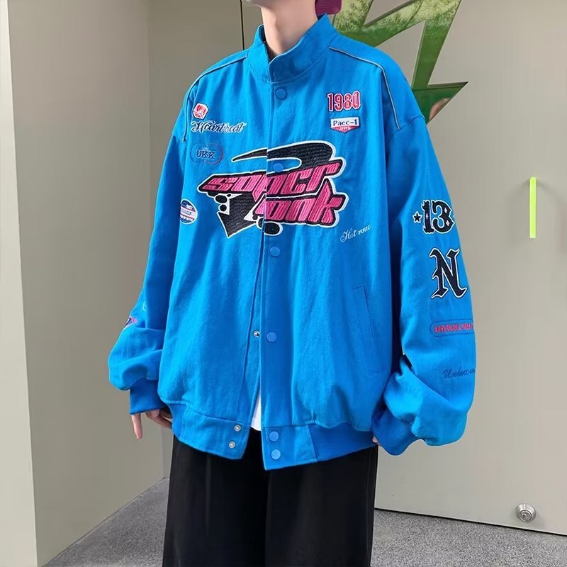 Retro Racing Jacket Women Men Embroidery Bomber Varsity Jackets Unisex Loose Motorcycle Baseball Coat Streetwear Outwear New