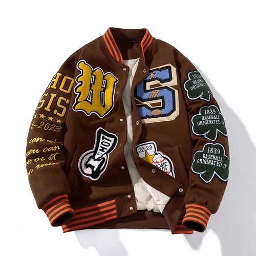 Bróidnéireacht Varsity Jacket Fir Mná Litir Geimhreadh Meiriceánach Baseball Jacket Hip Hop Cóta Olla Eiséadaí Tiubh Te Parkas Donn