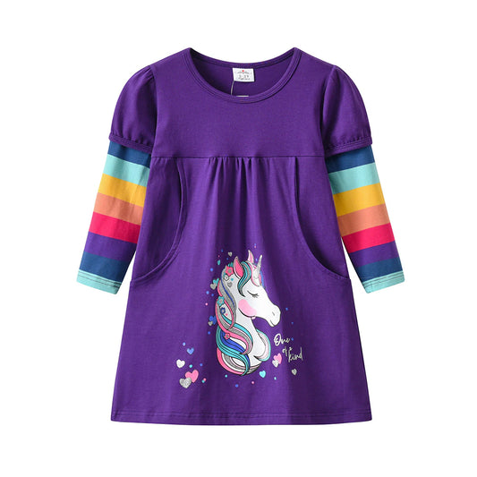 Gúna Páistí do Chailíní Fómhar Geimhreadh Muinchille Fada Gúna Cadás Rainbow Unicorn Cartún Priontáil Caith Éadaí Leanaí