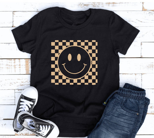 Léine Páistí Smiley Checkered I Buachaill Lapánach Trendy , Léinte cailín , Tees Retro Grafaic Leanaí , Léine Gleoite Cailín Lapadán , Léine Leanbh Smiley Face