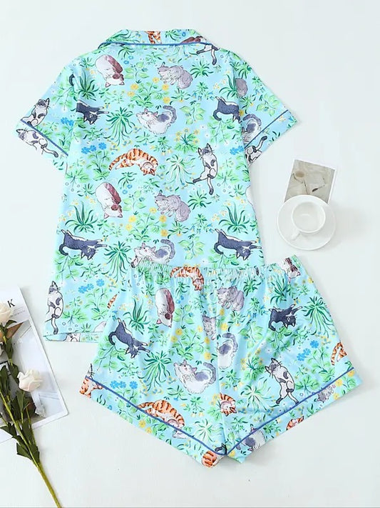 Women's All Over Animal & Floral Print Pajama Two-piece Set, Casual Comfy Short Sleeve Lapel Collar Shirt & Shorts PJ Set, Ladies Sleepwear for All Seasons, Loungewear