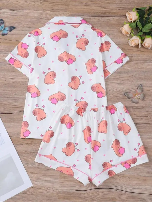 Women's All Over Cartoon Print Top & Elastic Waist Shorts Pajama Two-piece Set, Casual Comfy Short Sleeve Top & Shorts Pajamas Set, Ladies Sleepwear for All Seasons