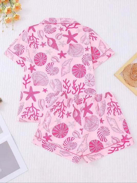Women's All Over Shell Print Short Sleeve Pajama Two-piece Set, Elegant Casual Comfy Button Front Lapel Neck Top & Shorts Set, Ladies Sleepwear for All Seasons1