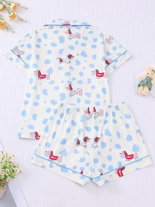 Women's Cartoon Print Short Sleeve Top & Elastic Waist Shorts Pajama, Casual Comfy Top & Shorts Pj Set, Ladies Sleepwear for Summer, Loungewear