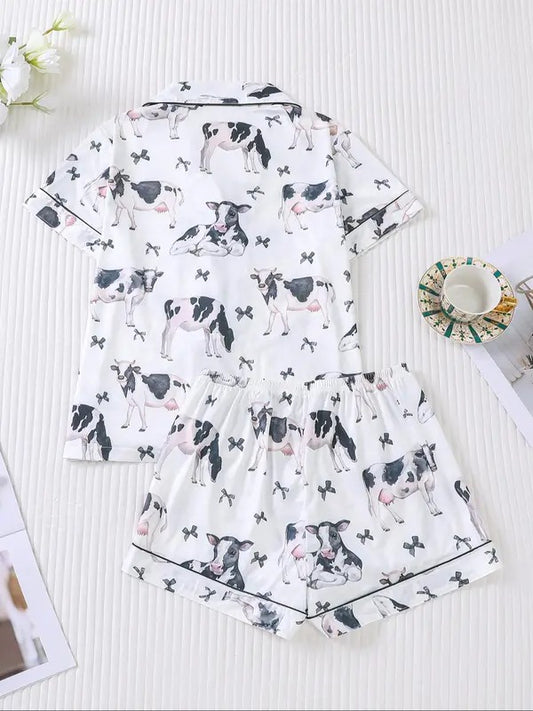 Women's Cow Print Short Sleeve Top & Elastic Waist Shorts Pajama Set, Casual Comfy 2-piece Pajama Set for Women, Women's Sleepwear for Summer, Pjs, Womenswear