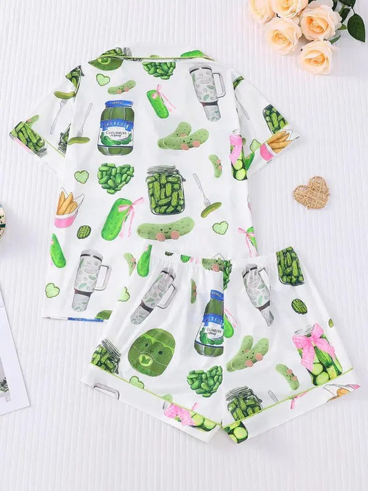 Women's Cucumber Print Shortsleeve Pajama Set, Casual Comfy Button Front Chest Pocket Design Lapel Neck Top & Elastic Waist Shorts Pj Set, Ladies Sleepwear, Womenswear, Loungewear, Pajamas