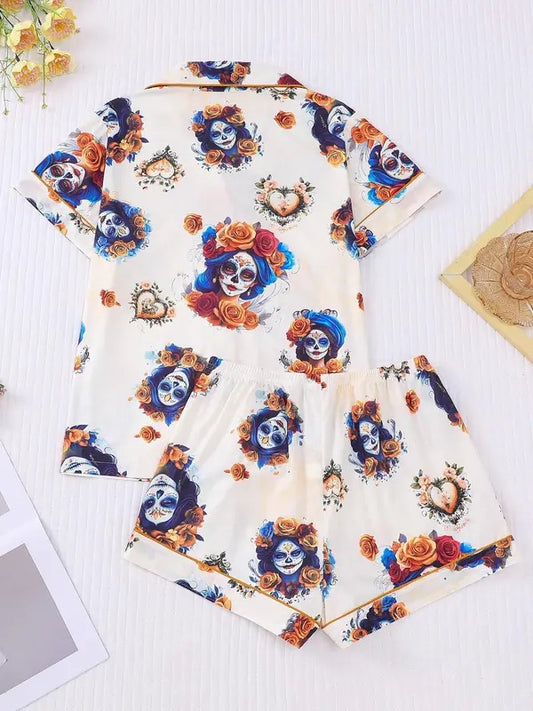 Women's Floral Print Shirt & Elastic Waist Shorts Pajama Two-piece Set, Casual Comfy Short Sleeve Top & Shorts Pajama Set, Ladies Sleepwear for Summer