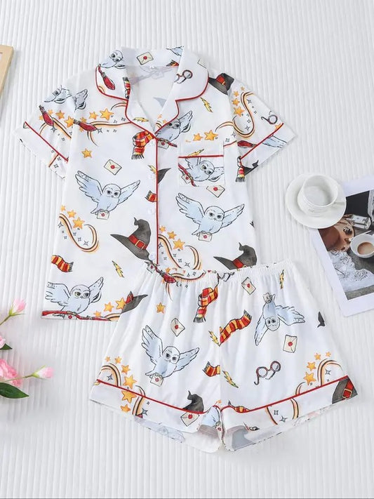 Women's Owl Print Short Sleeve Top & Elastic Waist Shorts Pyjama, Casual Comfy T-shirt & Shorts Pajama Set, Ladies Sleepwear for Summer, Loungewear, Womenswear, Pajama Set