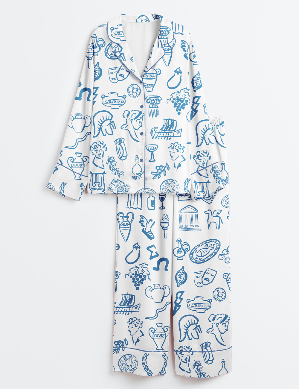 Women’s Hand Drawn Greek Food Greece Bundle Of Food Greek Wedding Long Sleeve Satin Pajama Set