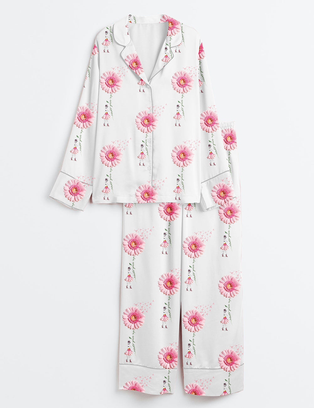 Women’s Never Give Up Breast Cancer Awareness Pink Gerbera Daisy & Ribbon Print Long Sleeve Satin Pajama Set