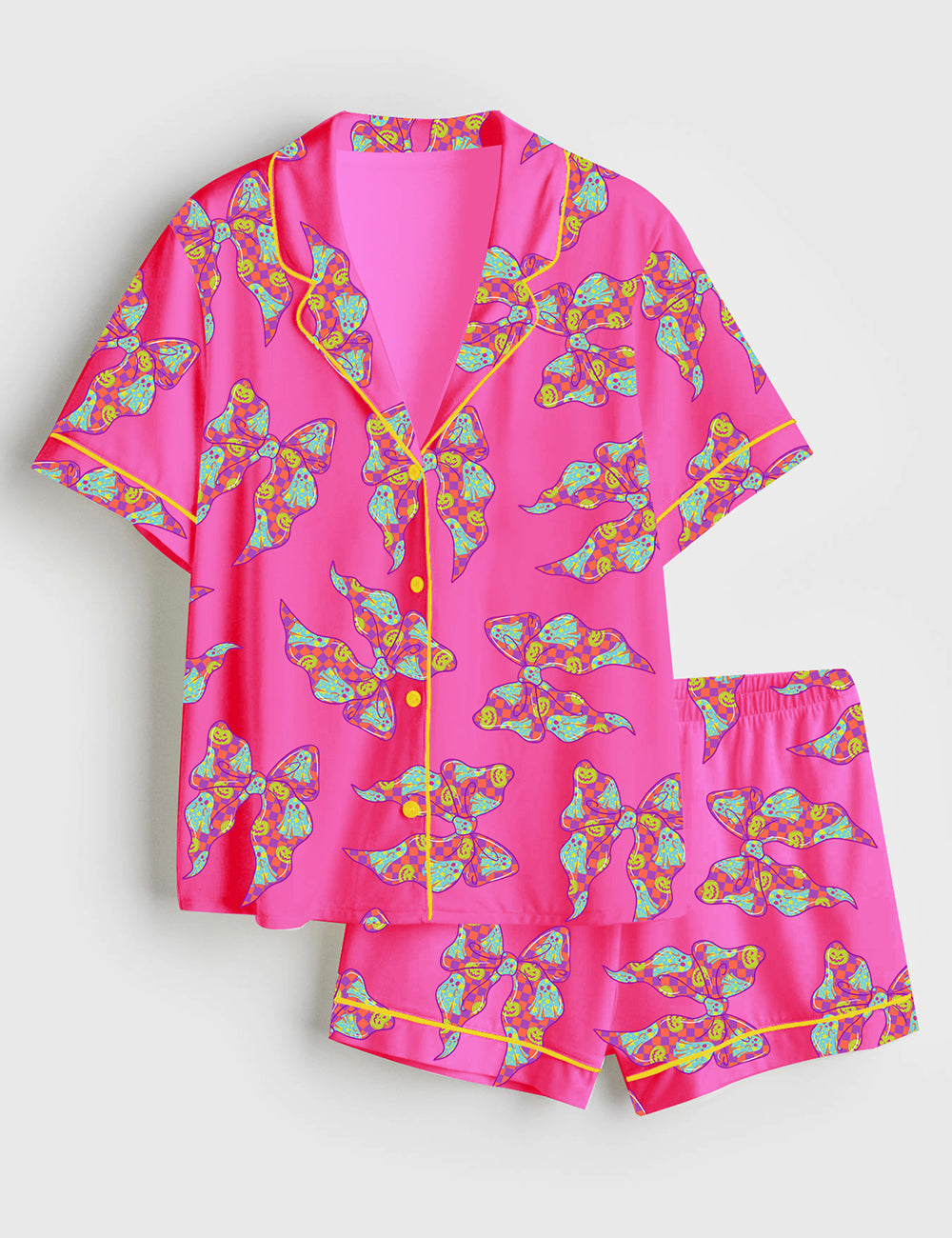 Women’s Halloween Neon Ghost Coquette Girly Pastel Pink Ghost Bow Checkered Spooky Season Print Short Sleeve Satin Pajama Set
