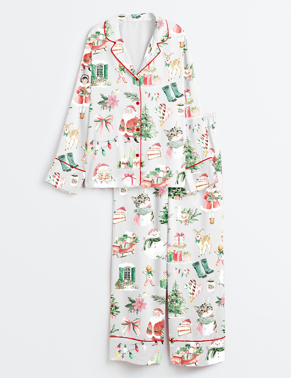 Women’s Watercolor Quirky Christmas Coquette Santa Claus Long Sleeve Satin Pajama Set