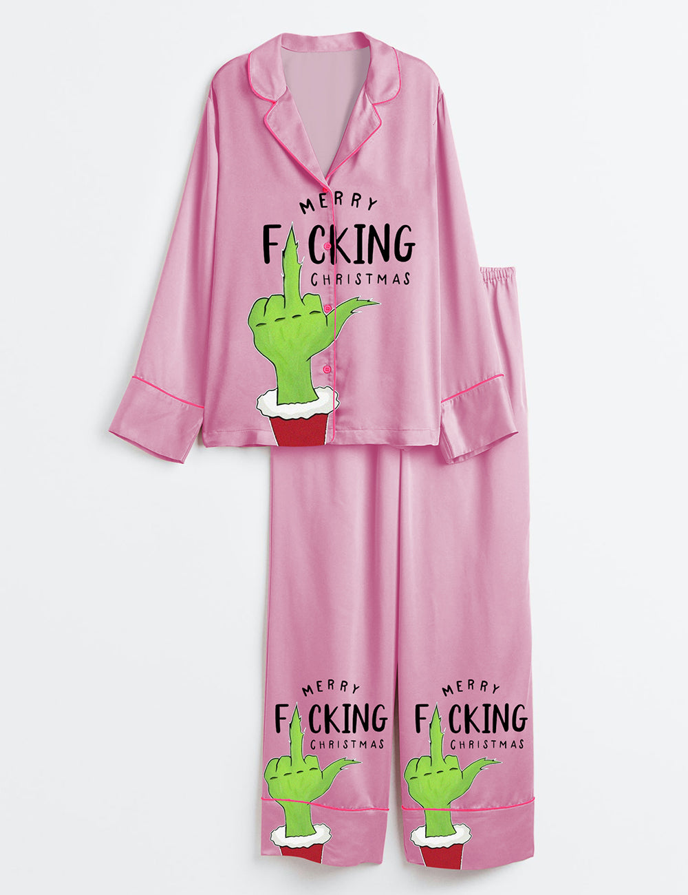 Women’s Merry Grinch Pink Christmas Long Sleeve Satin Pajama Set