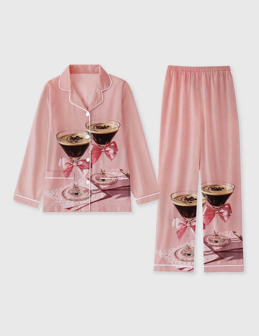 Women's Espresso Martini Cocktail Pink Bows And Coffee Beans Whimsical Paris Long Sleeve Pocket Cotton Pajama Set