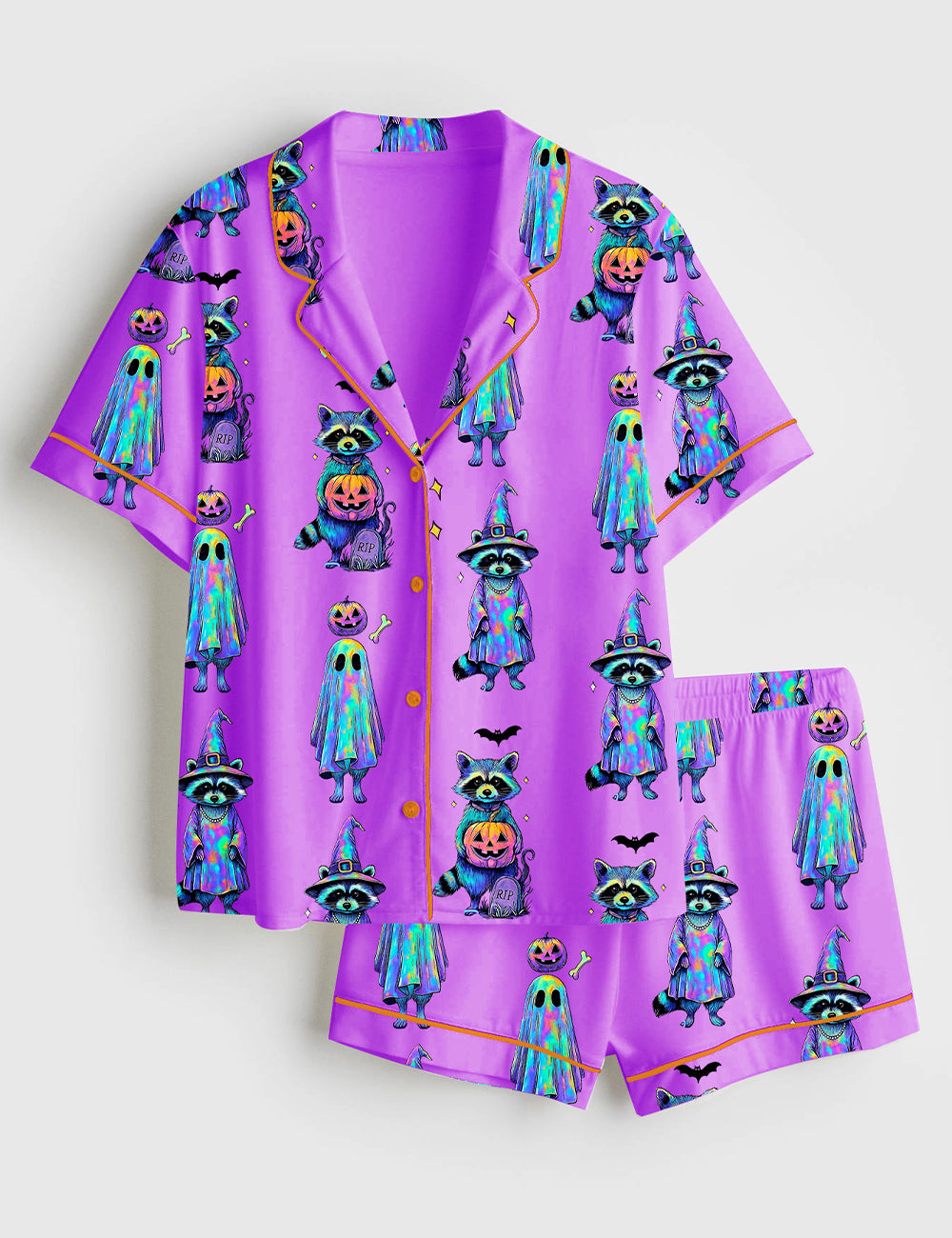 Women’s Spooky And Feral Raccoon Halloween Pumpkin Short Sleeve Satin Pajama Set