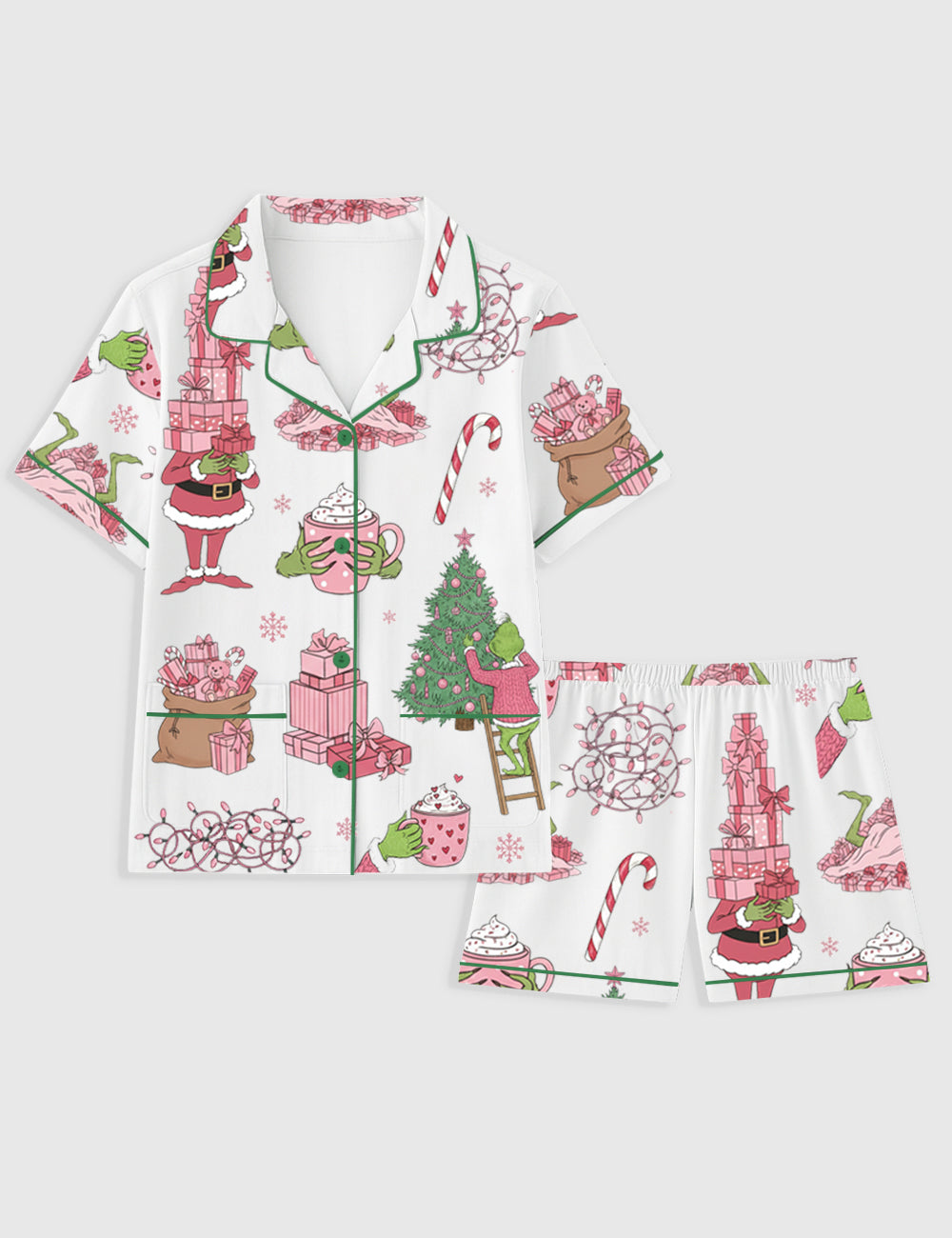 Women's Pink Grinch Christmas Tree Holiday Gifts Short Sleeve Pocket Cotton Family Pajama Set